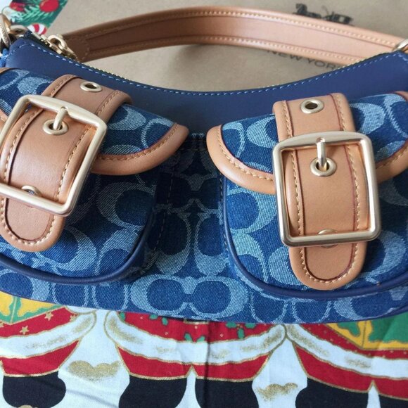 Coach Denim Blue and Tan Buckle Shoulder Bag - Picture 5 of 9